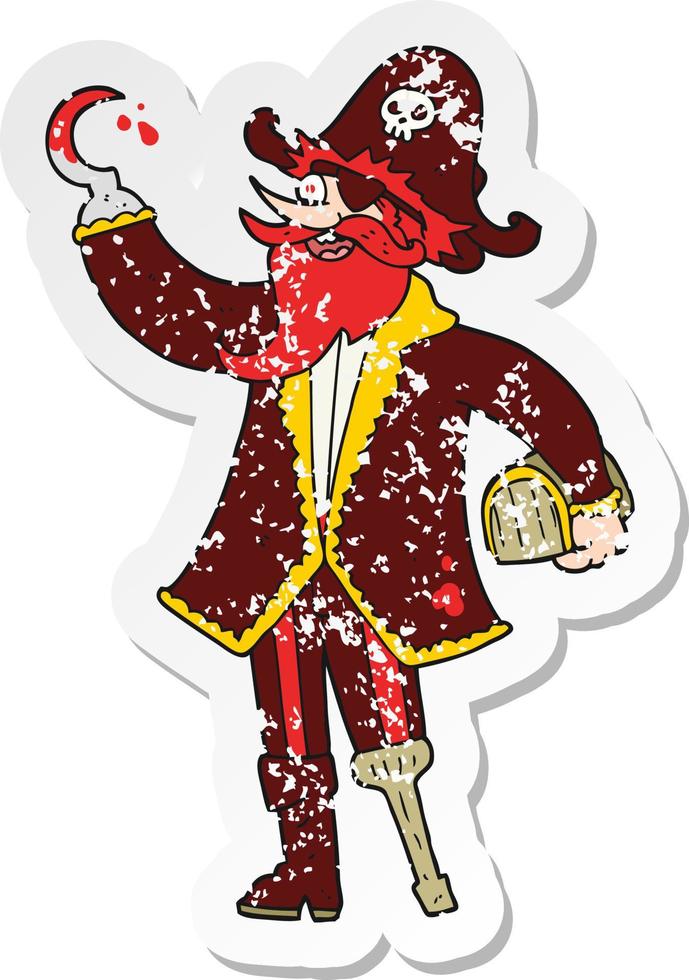 pegatina retro angustiada de un capitán pirata de dibujos animados vector