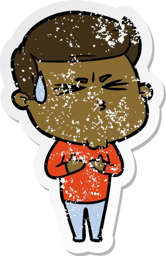 distressed sticker of a cartoon man sweating vector