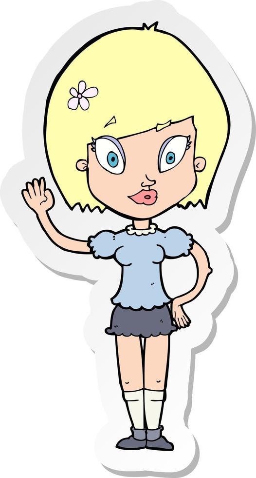 sticker of a cartoon pretty girl waving vector