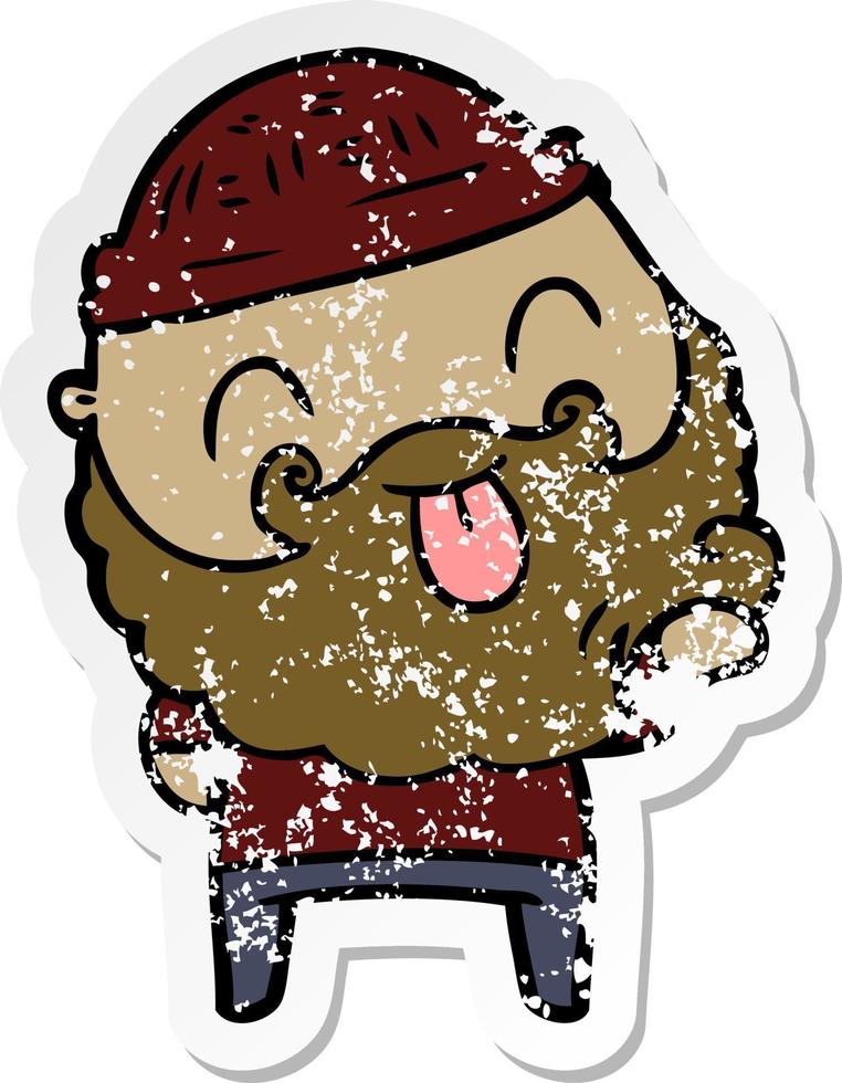 distressed sticker of a man with beard sticking out tongue vector