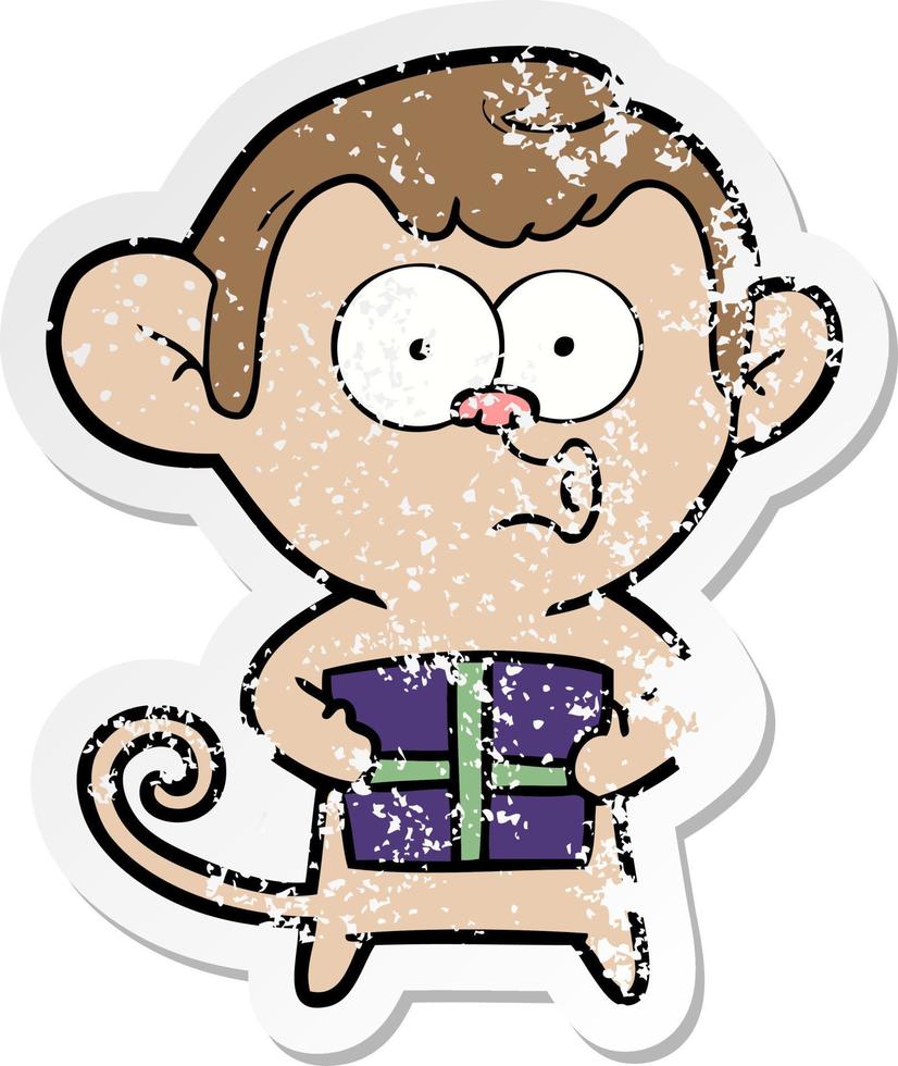 distressed sticker of a cartoon christmas monkey vector