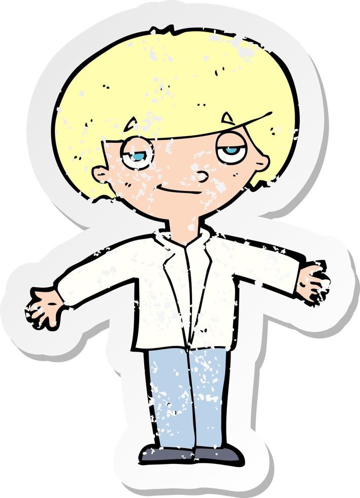 retro distressed sticker of a cartoon smug boy vector