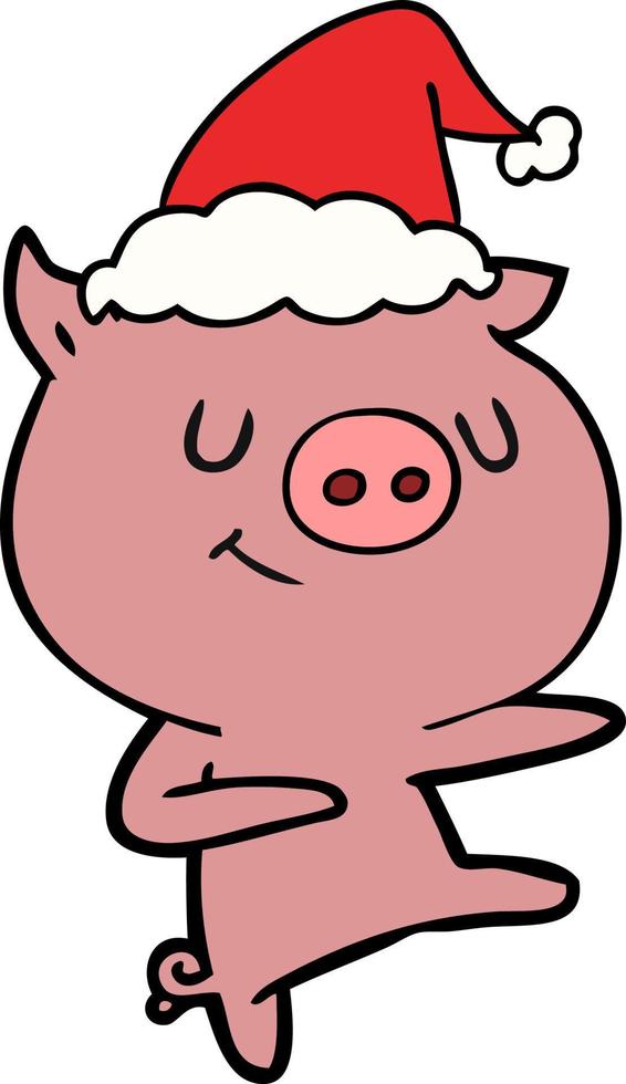 happy line drawing of a pig dancing wearing santa hat vector