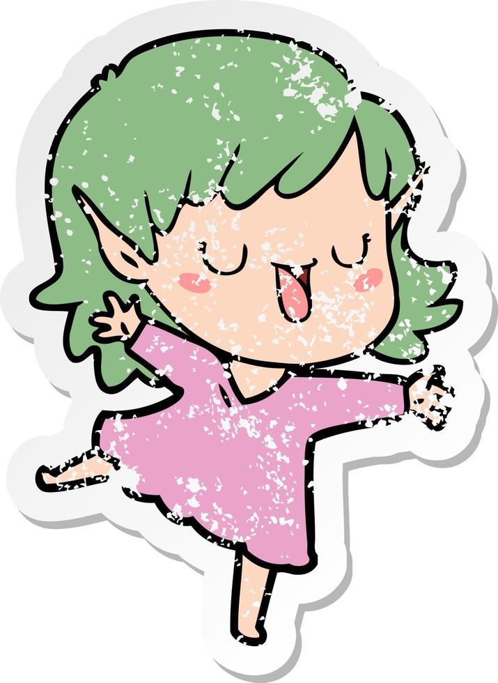 distressed sticker of a cartoon elf girl vector
