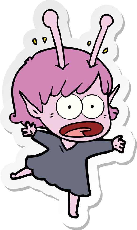 sticker of a cartoon shocked alien girl vector