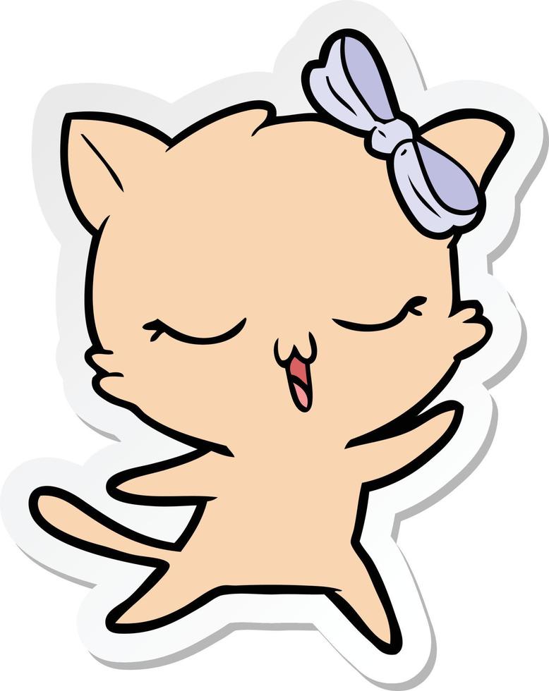 sticker of a cartoon dancing cat with bow on head vector