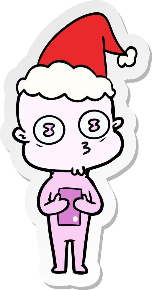 sticker cartoon of a weird bald spaceman wearing santa hat vector