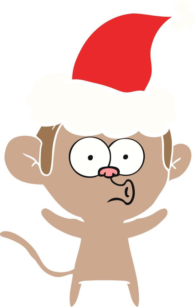 flat color illustration of a surprised monkey wearing santa hat vector