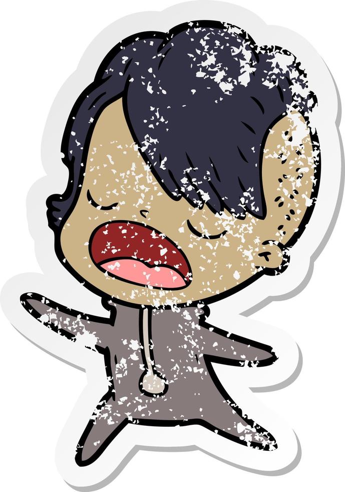 distressed sticker of a cartoon cool hipster girl talking vector