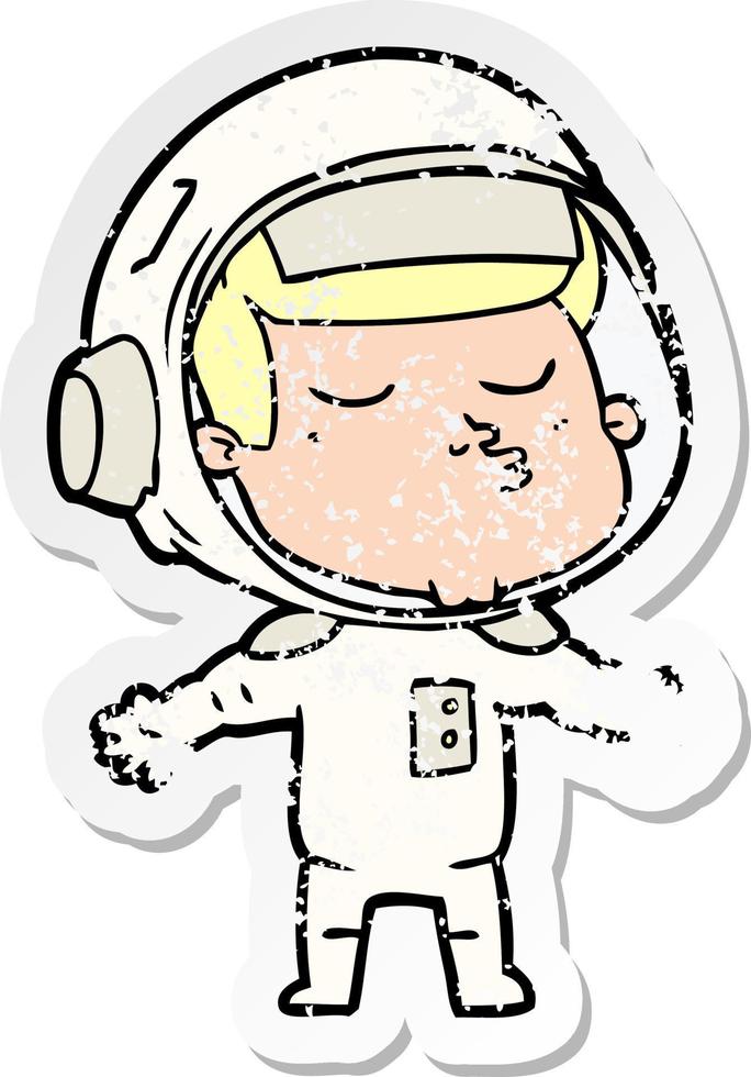 distressed sticker of a cartoon confident astronaut vector