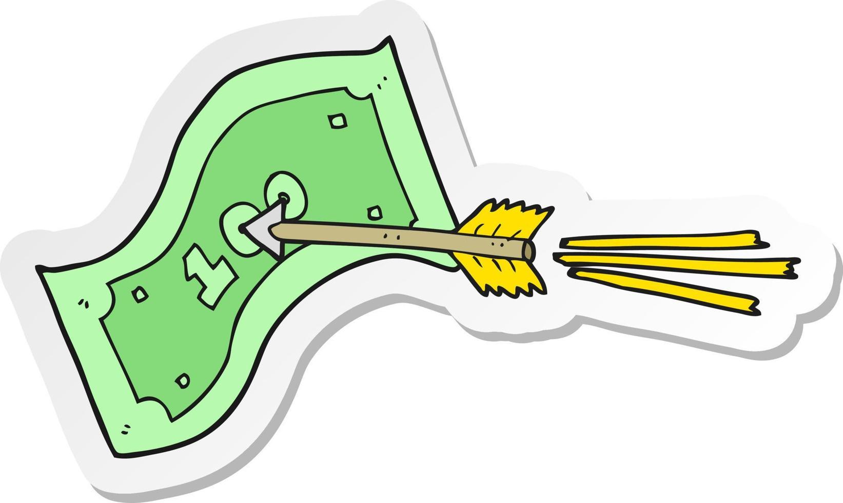 sticker of a cartoon flying arrow hitting money note vector
