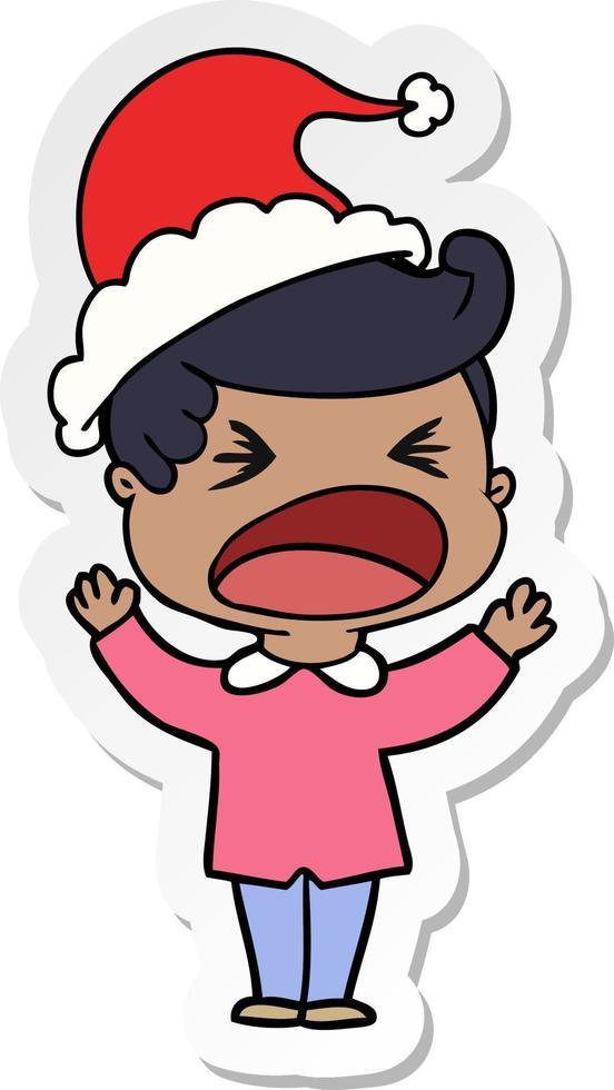 sticker cartoon of a shouting man wearing santa hat vector