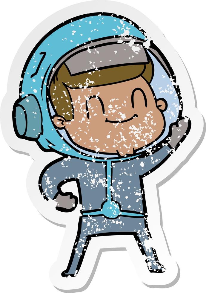 distressed sticker of a happy cartoon astronaut vector