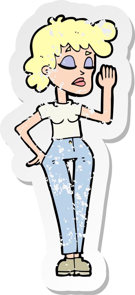 retro distressed sticker of a cartoon woman ignoring vector