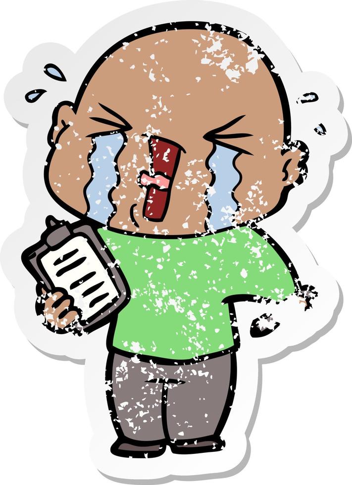 distressed sticker of a cartoon crying man with clipboard vector