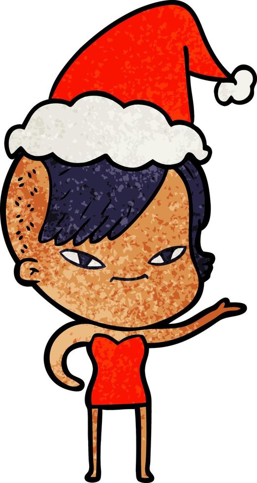 cute textured cartoon of a girl with hipster haircut wearing santa hat vector