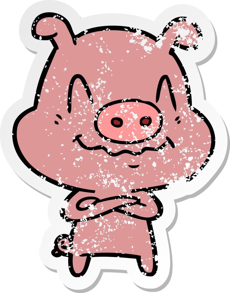 distressed sticker of a nervous cartoon pig vector