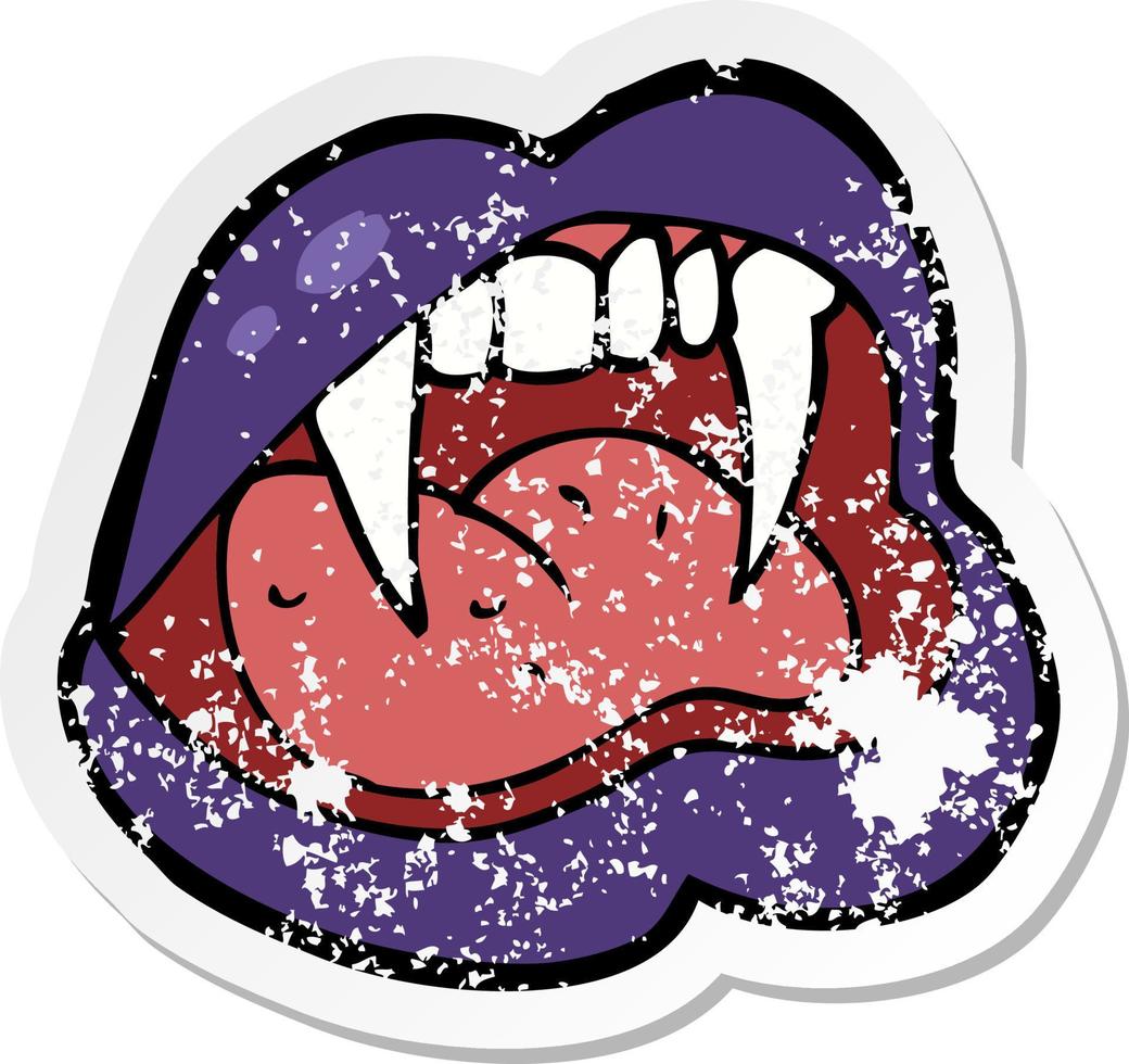 retro distressed sticker of a cartoon vampire lips vector