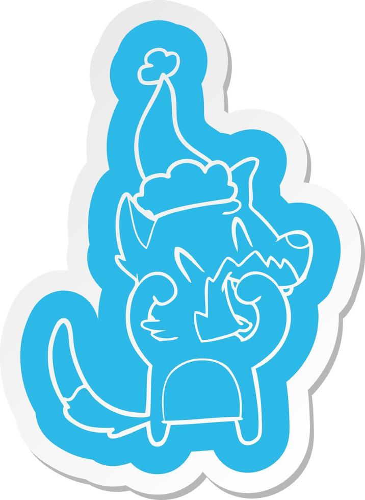 laughing fox cartoon  sticker of a wearing santa hat vector