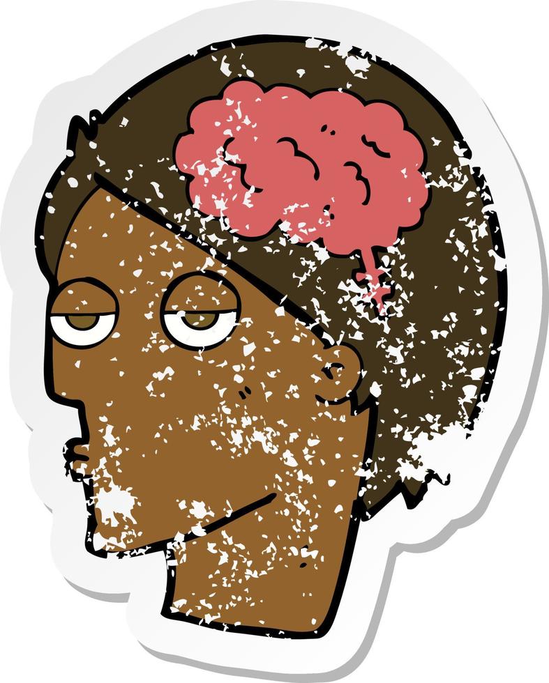 pegatina retro angustiada de una cabeza de dibujos animados con el símbolo del cerebro vector