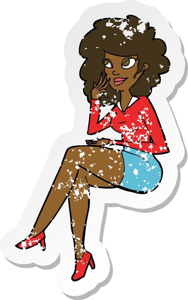 retro distressed sticker of a cartoon office woman sitting vector