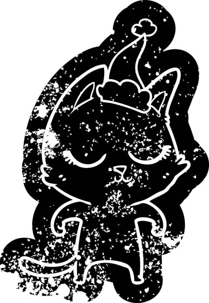 calm cartoon distressed icon of a cat wearing santa hat vector