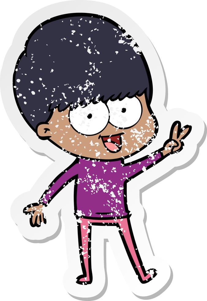 distressed sticker of a happy cartoon boy waving vector