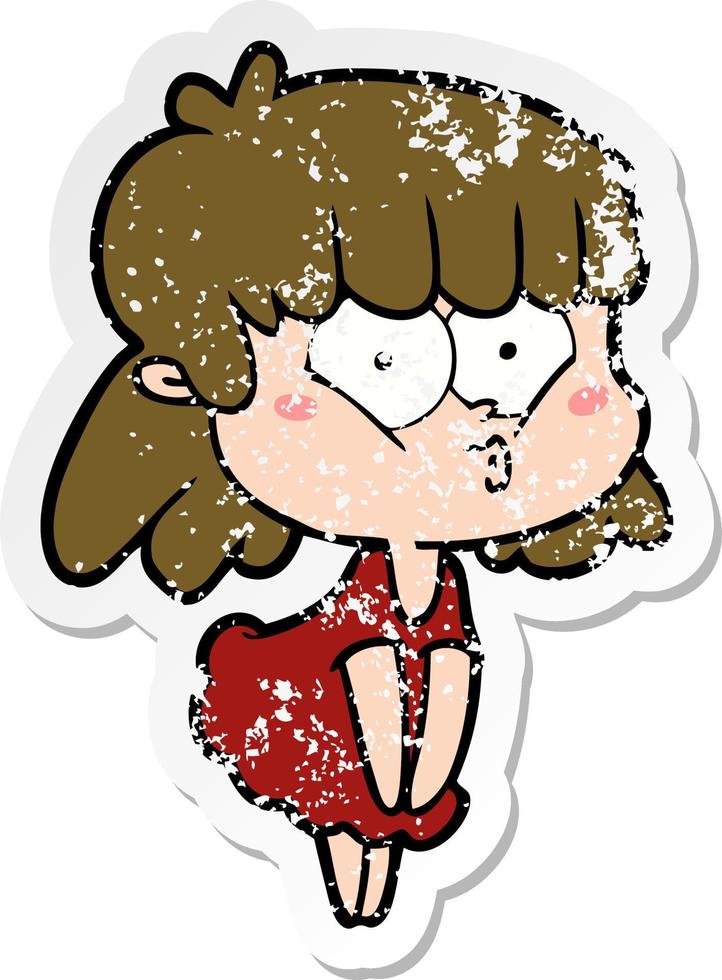 distressed sticker of a cartoon whistling girl vector