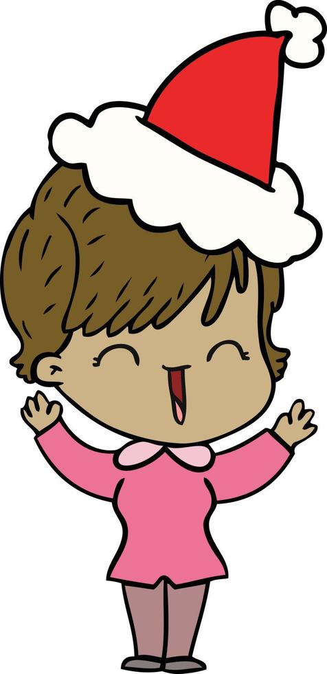 line drawing of a laughing woman wearing santa hat vector