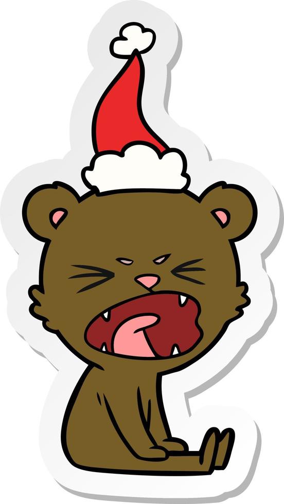 angry sticker cartoon of a bear wearing santa hat vector