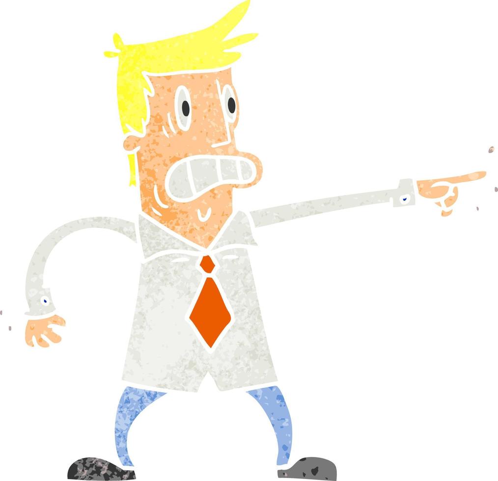 retro cartoon doodle man pointing looking worried vector