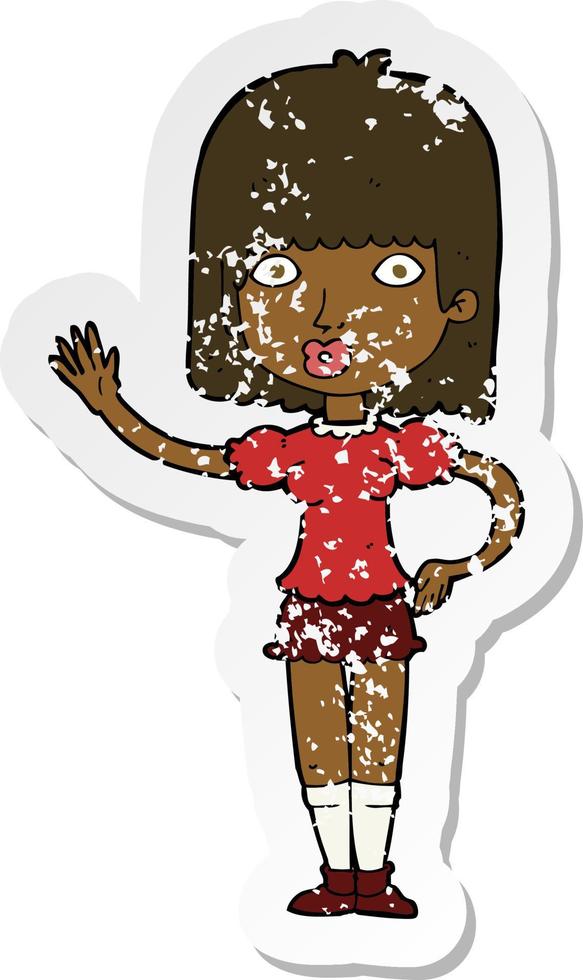 retro distressed sticker of a cartoon woman waving vector