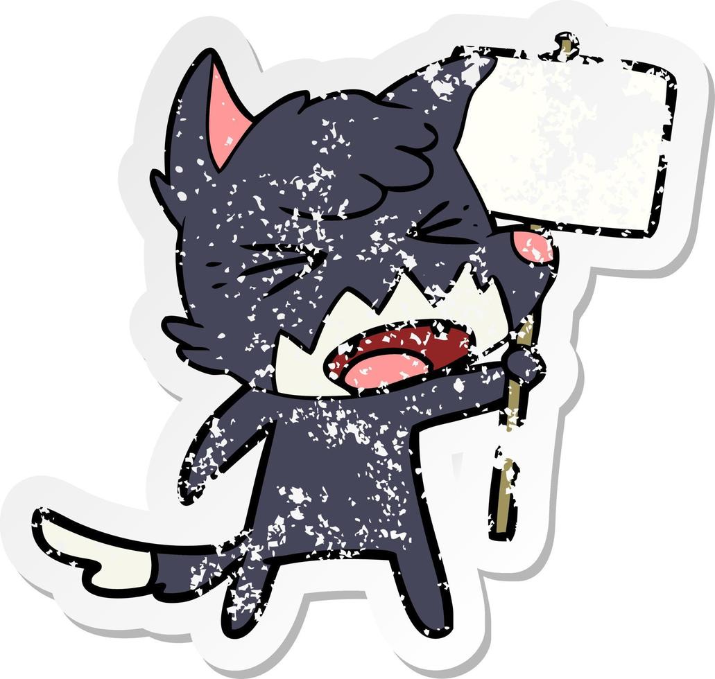 distressed sticker of a angry cartoon fox with sign vector