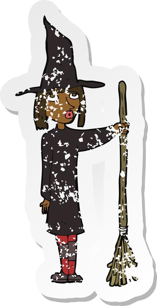retro distressed sticker of a cartoon witch vector