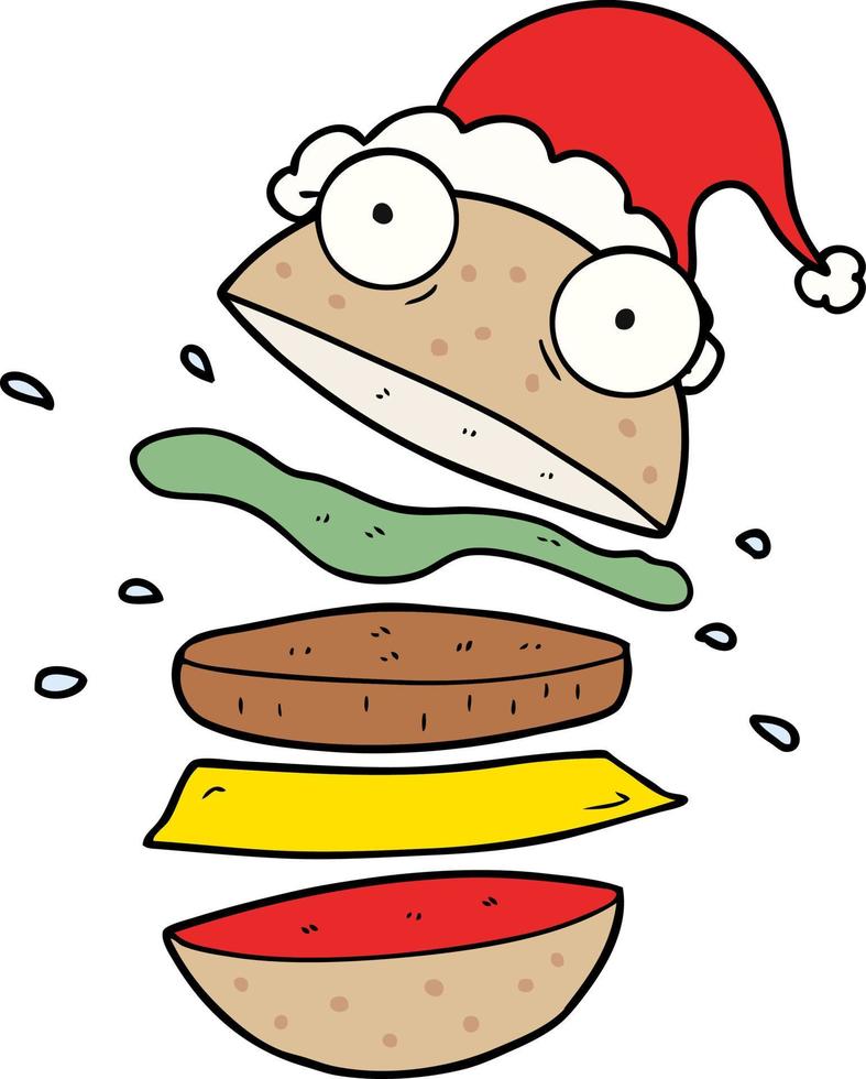 line drawing of a amazing burger wearing santa hat vector