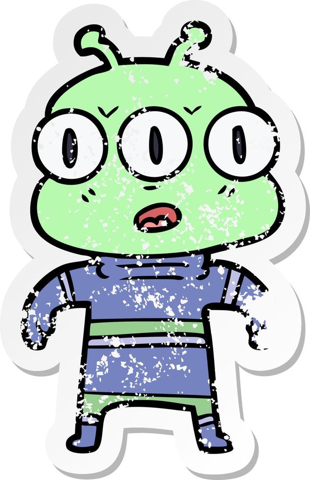 distressed sticker of a cartoon three eyed alien vector