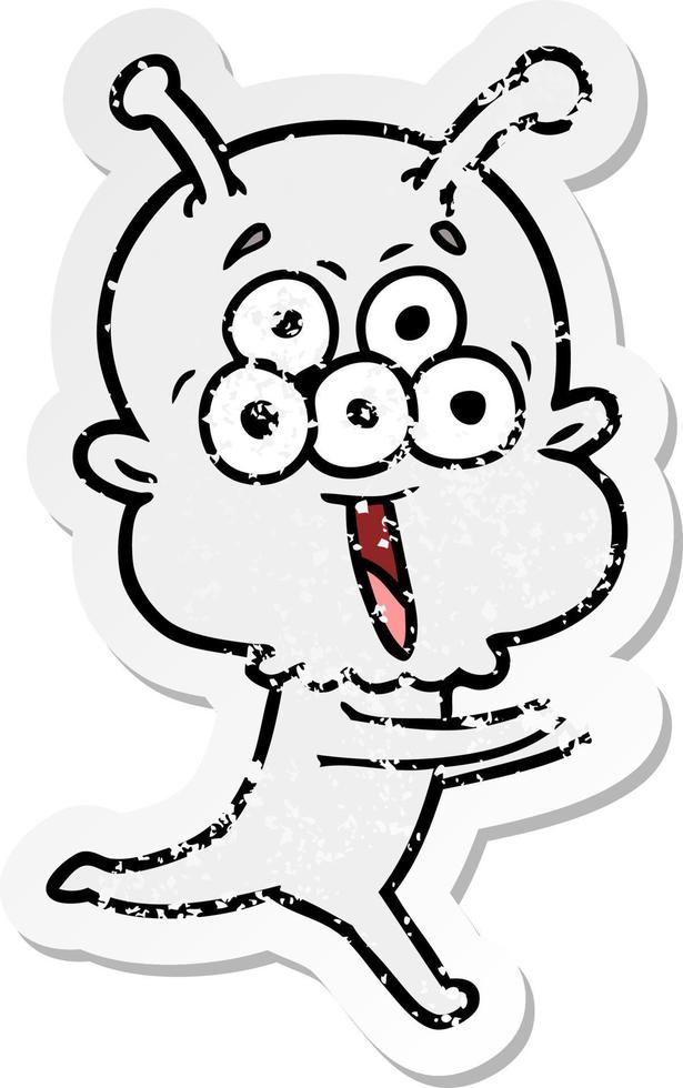 distressed sticker of a happy cartoon alien running vector