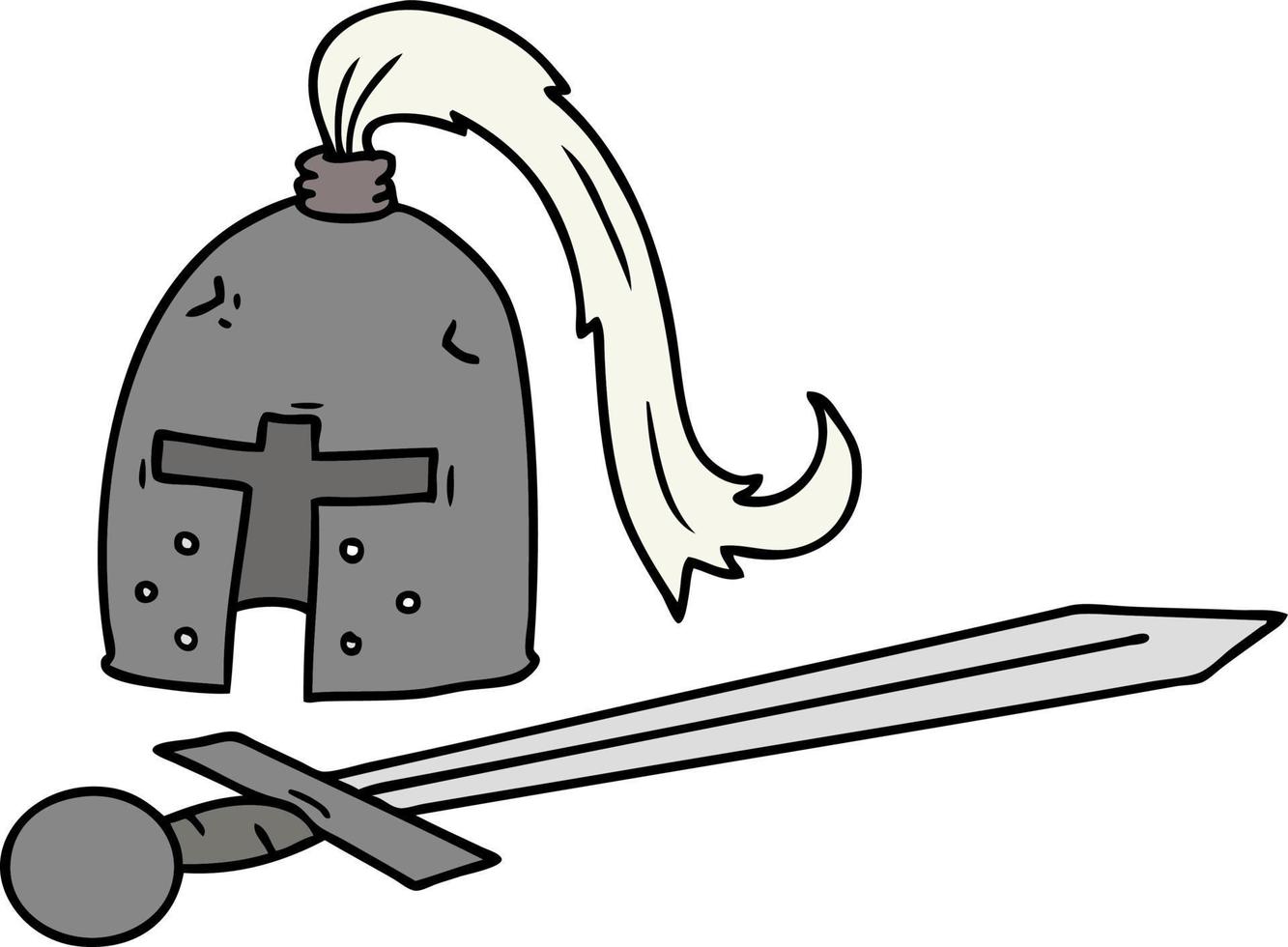 cartoon doodle of a medieval helmet and sword vector