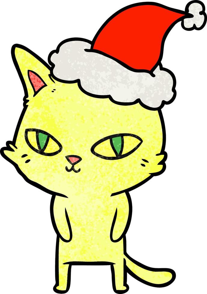 textured cartoon of a cat with bright eyes wearing santa hat vector