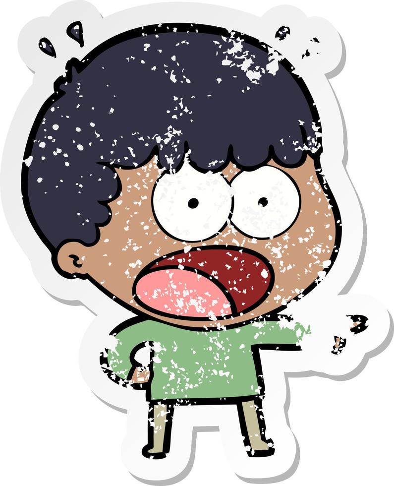 distressed sticker of a cartoon shocked man pointing vector