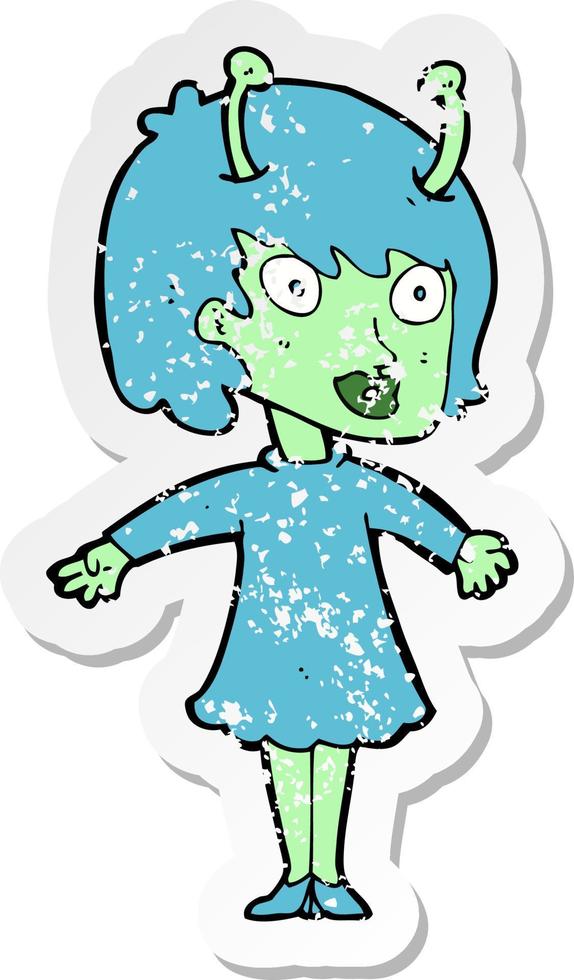 retro distressed sticker of a cartoon alien woman vector