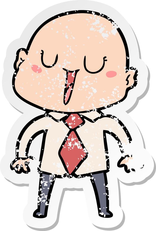 distressed sticker of a happy cartoon bald man vector