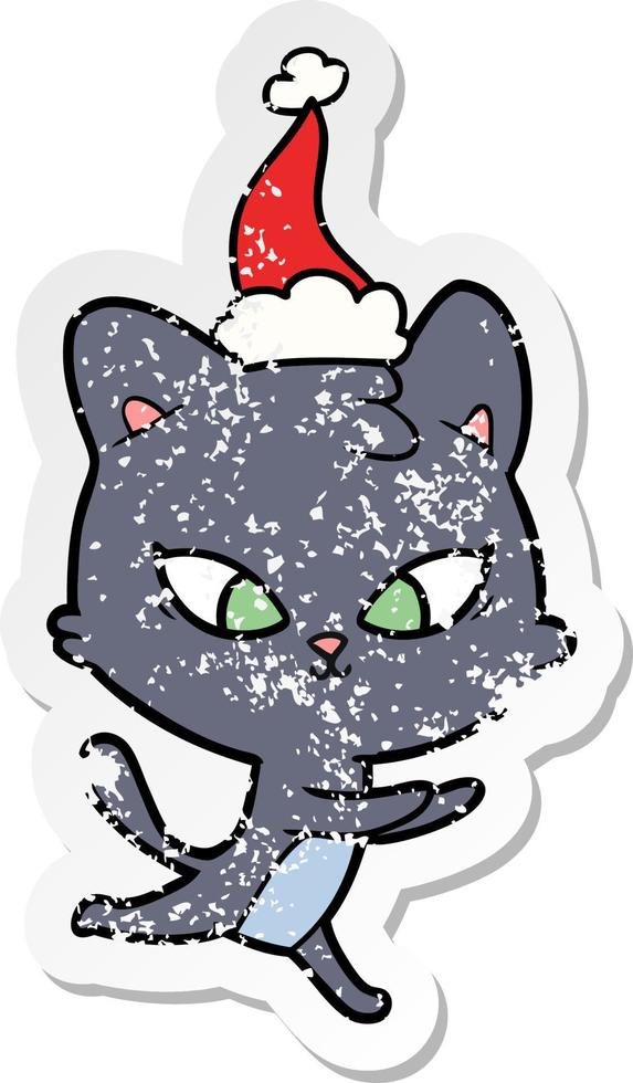 Linda caricatura de pegatina angustiada de un gato con gorro de Papá Noel vector