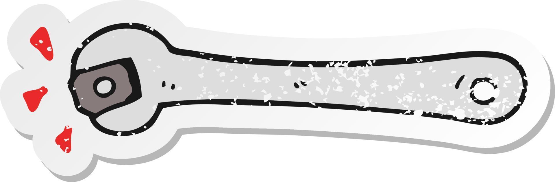distressed sticker of a cartoon spanner turning nut vector