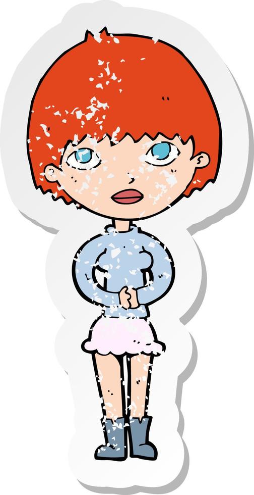 retro distressed sticker of a cartoon woman waiting patiently vector