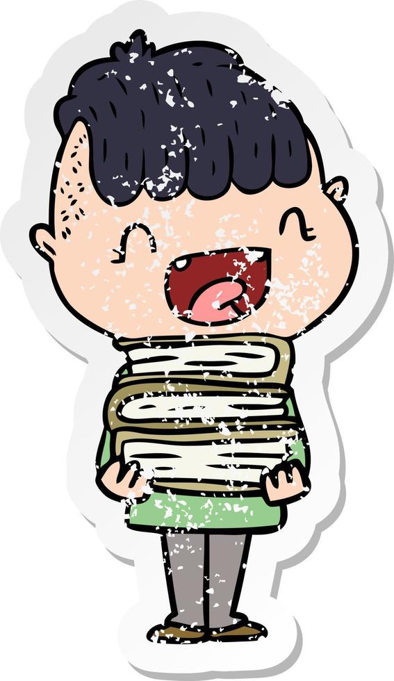distressed sticker of a cartoon happy boy with new books vector
