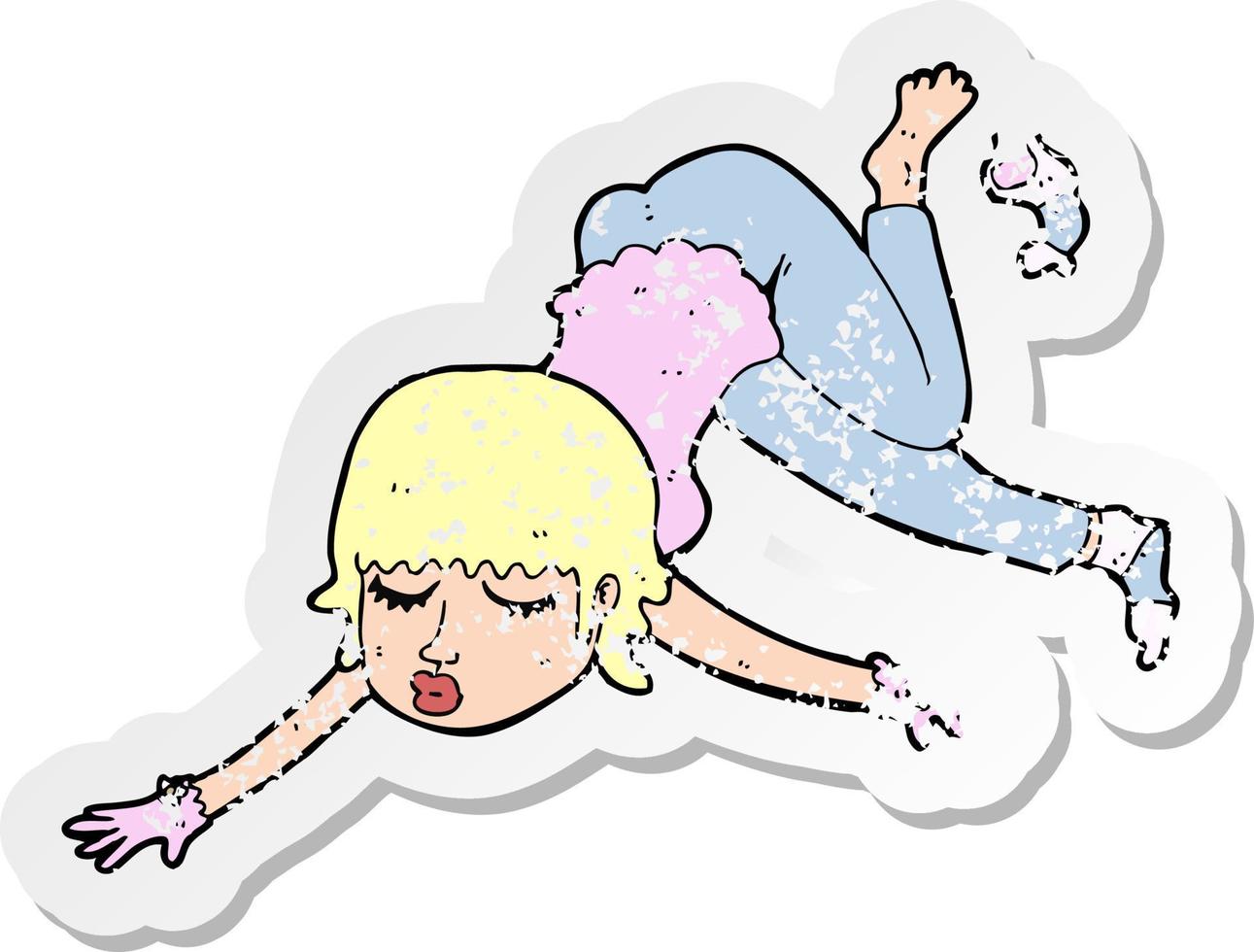 retro distressed sticker of a cartoon woman floating vector