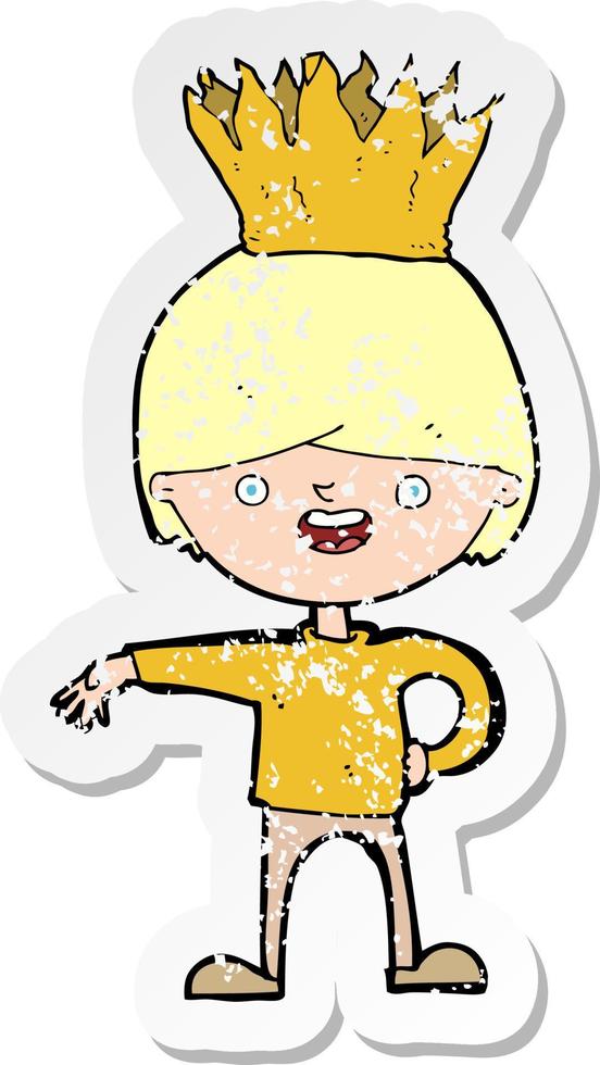 retro distressed sticker of a cartoon person wearing crown vector