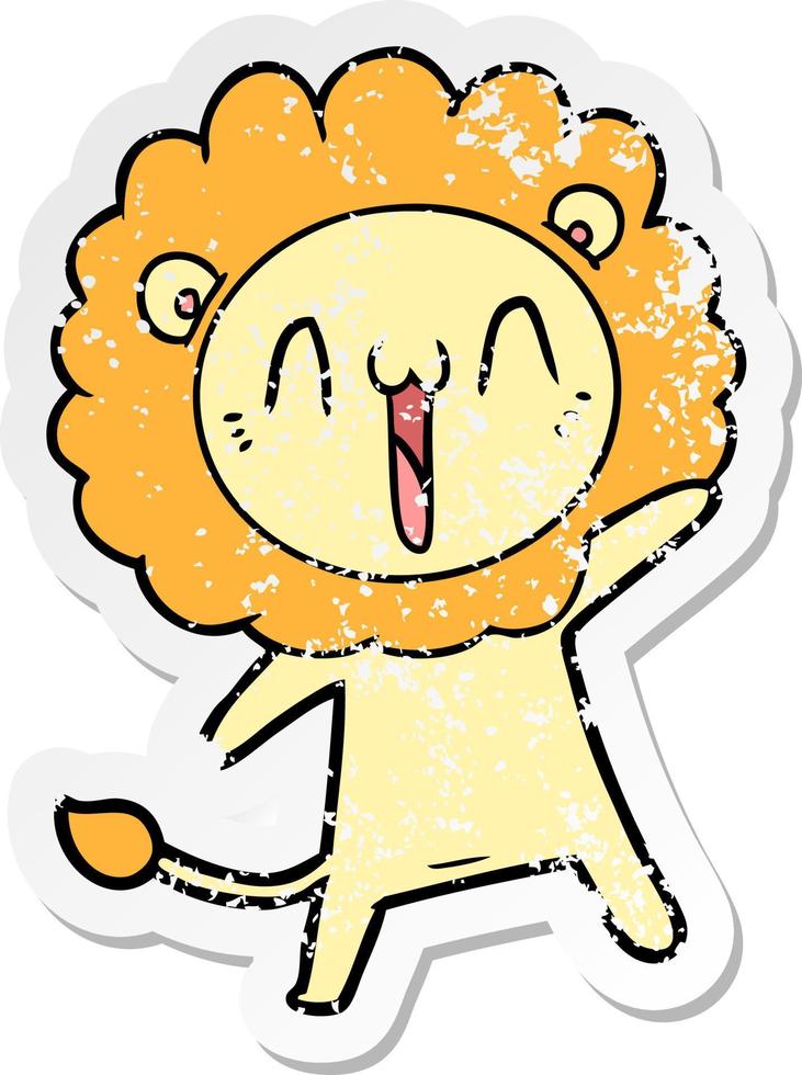 distressed sticker of a happy cartoon lion vector