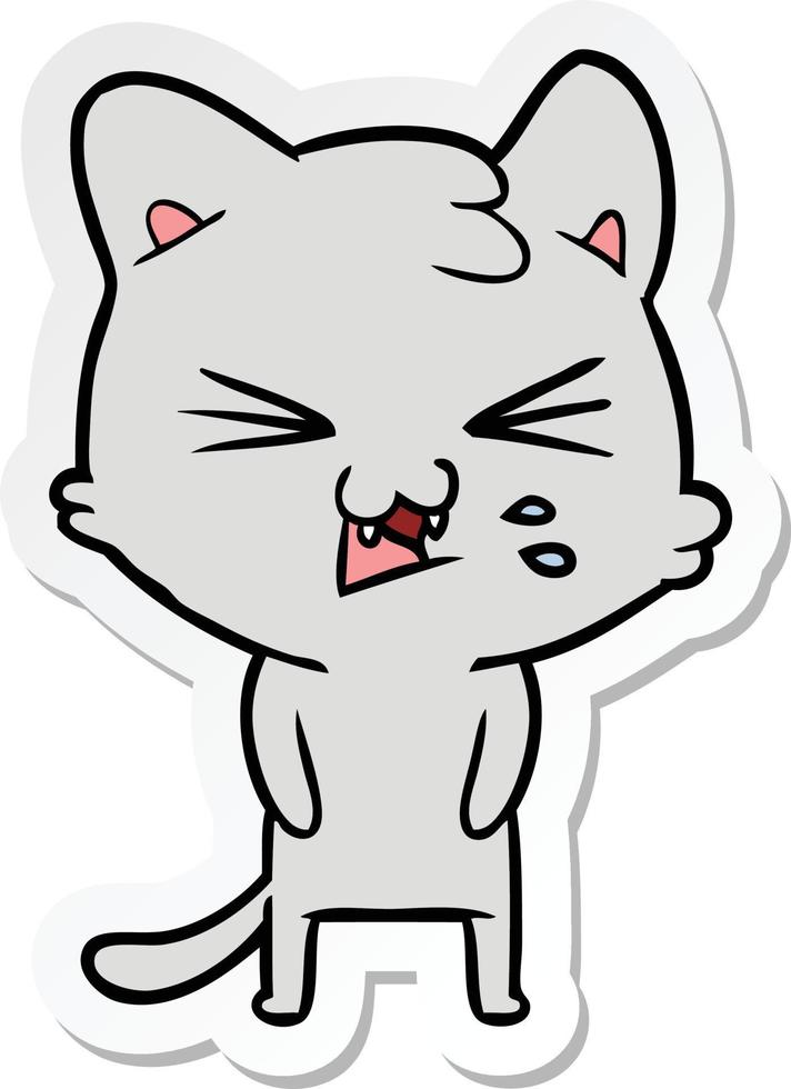 sticker of a cartoon hissing cat vector